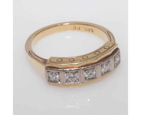 Five stone diamond half hoop ring, the brilliant cut diamonds set in square settings, on 14 ct yellow gold shank stamped 585.