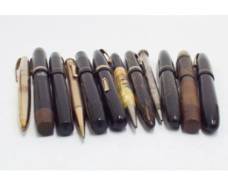 Collection of vintage ink pens including a Swan self filler, Waterman, Sheaffer, Burnham etc. silver pencil, rolled gold penc