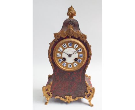 Late 19th century red boulle work tortoiseshell mantel clock, white enamel dial and numerals, Aubert Klaftenberger Geneva, wi