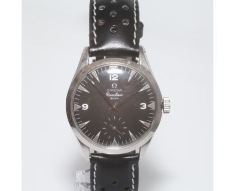 Gents vintage Omega Ranchero wristwatch with subsidiary second dial with black face ? winder replaced on a black leather stra