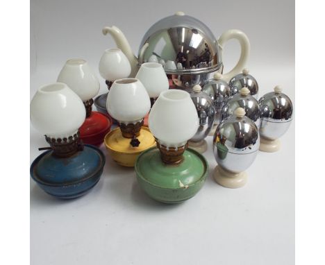 1930's Stay Hot teapot and similar egg cups and a set of 6 miniature vintage oil lamps with glass shades
