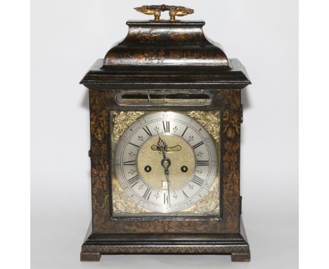 Early 18th century lacquered bracket or table clock with twin fusee and verge escapement, brass and silvered dial by James Ma