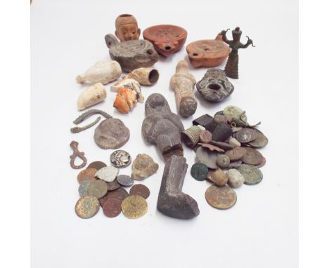 Interesting collection of antiquities including small teracotta lamps, coins, Meerschaum pipe etc. 