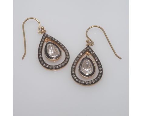 Pair of antique diamond drop earrings with black enamel detail, with gold backs and wires, possibly Indian. 