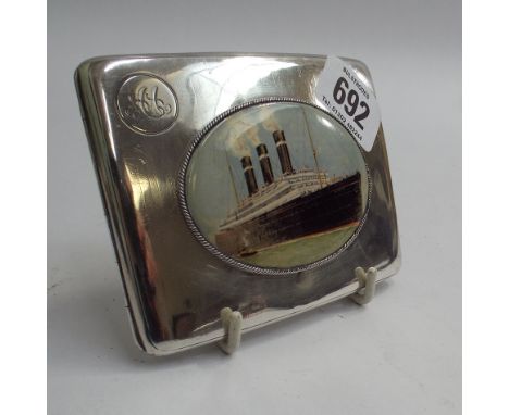 Silver cigarette case engine turned decoration with applied oval plaque depicting a steamer ship engraved with initials AA ha