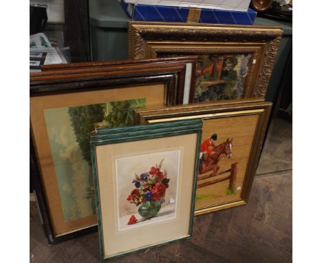 9 assorted pictures including one gilt framed tapestry 