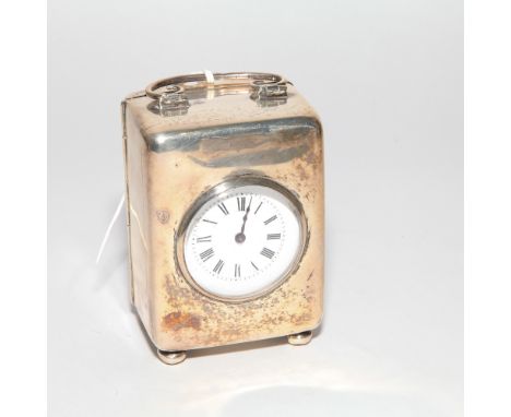 Smaller Edwardian silver cased carriage clock white enamel dial by Walker and Hall Chester 1906 12cm high including handle 
