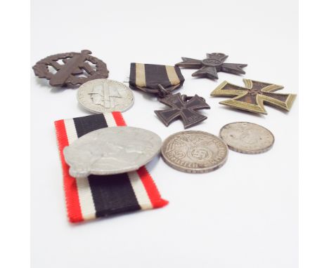 Nazi regalia - War Merit cross, Iron Cross First class (pin missing), two Day badges together  with some silver Reichs marks