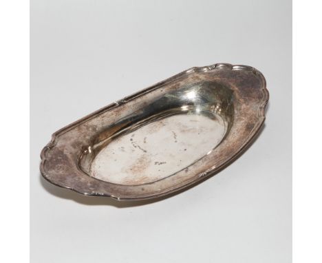 Small oval sterling silver tray shaped edge engraved with initials to the centre stamped Sterling.  5oz troy.  29.5cm wide 