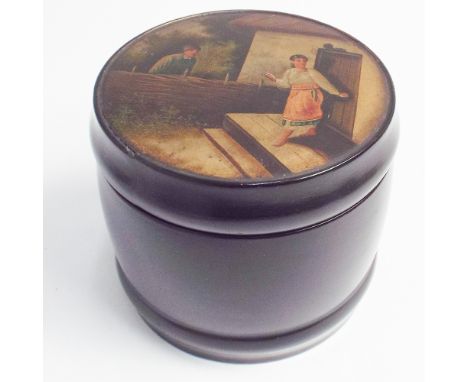 19th century Russian papier mache tea caddy, barrel form decorated with figures to the lid, stamped marks to the interior, 12