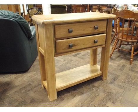 Light oak 2 tier console or hall table fitted 2 long drawers 90cm wide x 36cm deep x 97cm high 