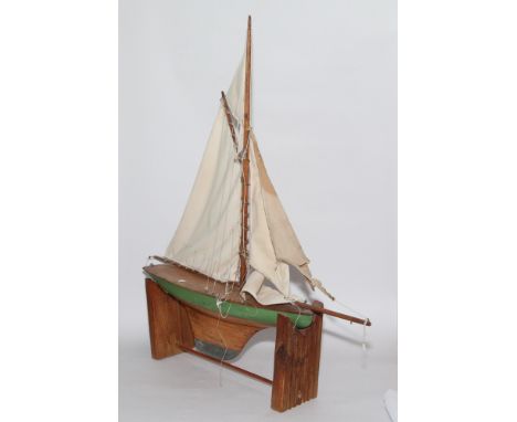 Vintage pine painted model pond yacht on stand 