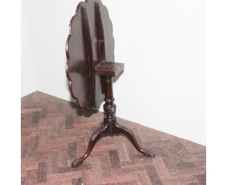 Georgian snap over top shell decorated circular tea table with inset roundels on carved tripod base, catch is stamped Bullock