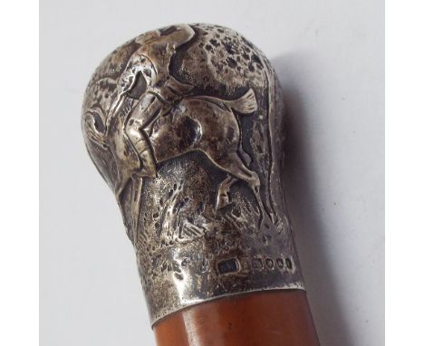 Gents walking cane with silver embossed handle depicting hunting scene with deer engraved CS Ruddle, Dorrington Rectory.  88c