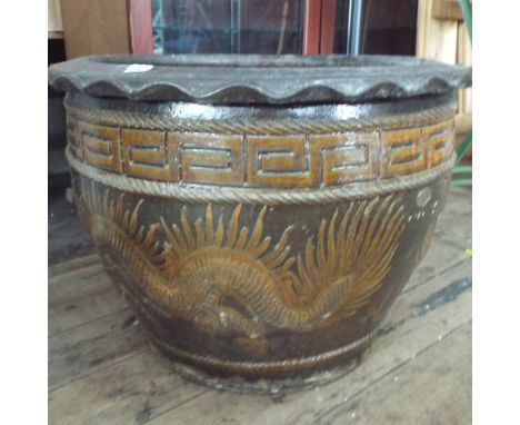 Very large glazed  terracotta Chinese design garden planter, 72cm diameter x 52cm high 