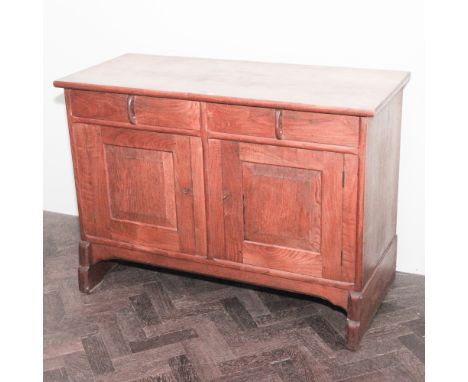 Arts and Crafts Cotswold School solid light oak sideboard with fitted 2 drawers and cupboards with monogram on the back - pos