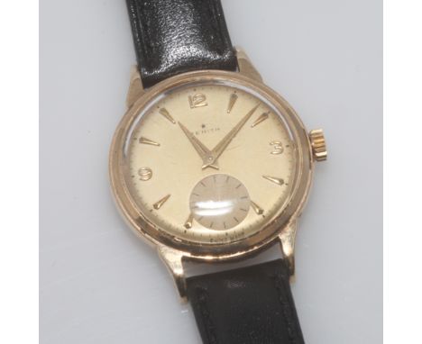 Gents vintage Zenith wristwatch in 9ct yellow gold, automatic movement subsidiary second dial on later black leather strap 