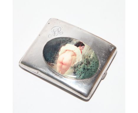 Silver cigarette case by Walker and Hall with applied oval plaque depicting semi clad female lifting her skirt, engraved with
