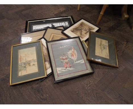 Collection of pictures including black and white engravings, Oriental silk picture, Albert Wood  Rosse Limited Edition print 