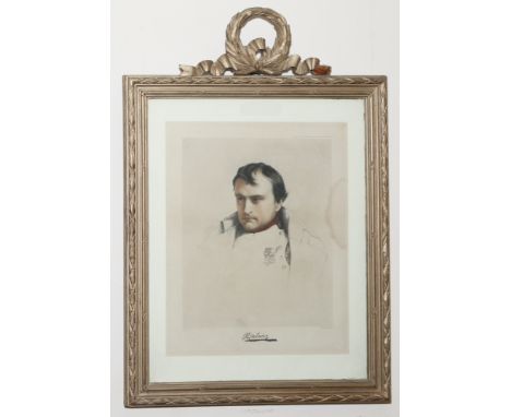 Coloured print portrait of Napoleon - 20 x 13" including frame and two Victorian sentimental coloured prints in gilt frames  