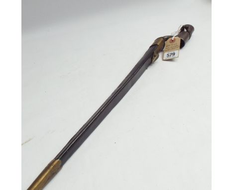 Mid 19th century British socket bayonet with black leather and brass scabbard and triangular steel blade - 55cm long 