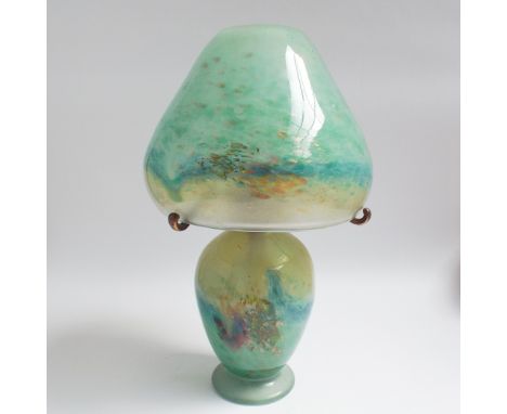 Art Nouveau Monart glass mushroom shaped table lamp of iridescent glass with gold flashes on a green ground, 38 cms tall, dou