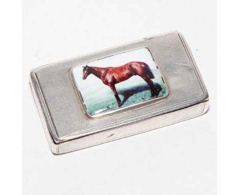 Hallmarked silver rectangular snuff box with engine turned design and applied enamel panel depicting a race horse 