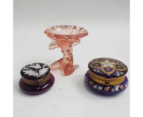 Art deco pressed glass pin tray with semi clad female supports and 2 glass trinket boxes with overlaid decoration 7.5cm