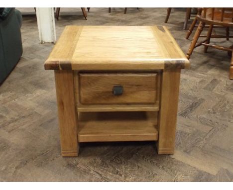 Pair of square light oak lamp tables, each fitted drawers front and back with undershelf 60cm square 