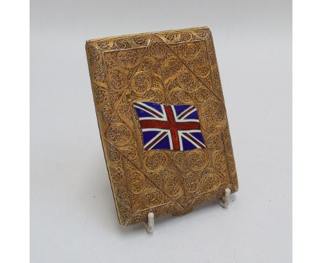 Indian silver gilt ornate filigree cigarette case decorated with enamelled Union Jack, small marks to the front, back and cla