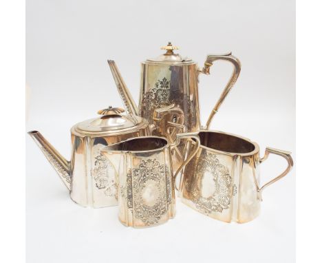 Victorian silver plated four piece tea service engraved decoration, ivory knops