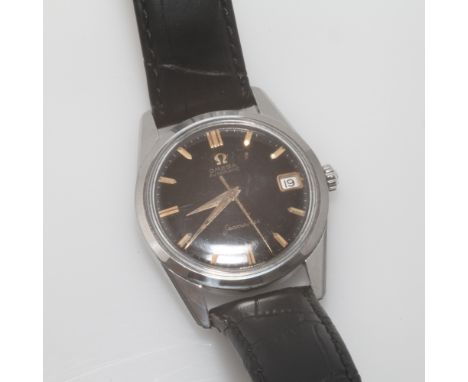 Gents vintage Omega Sea Master wristwatch with black dial in stainless steel with black leather strap 