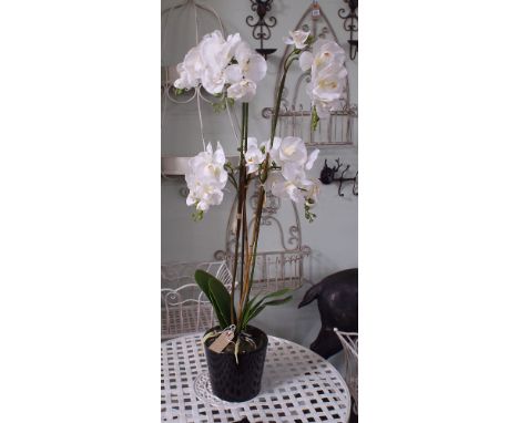 Life sized artificial Orchid display in black ceramic glazed planter, height appx 90cm tall 