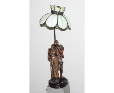 Large pre-Raphaelite style  figure table lamp by Christopher Wray with green Tiffany style shade 