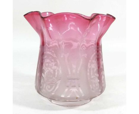 A glass oil lamp shade, with etched decoration and a ruby coloured rim, 10cm apertureOverall dirty, with light signs of use. 