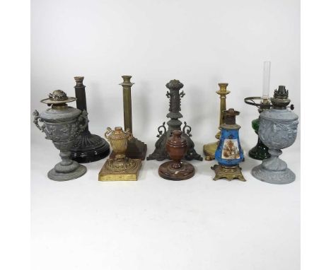 A collection of ten various 19th century and later oil lamp bases and parts (10)Condition is mixed and some are incomplete, b
