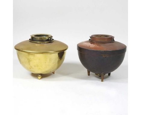 An early 20th century copper oil lamp reservoir, of angular form, in the manner of W.A.S. Benson, 13cm diameter, together wit