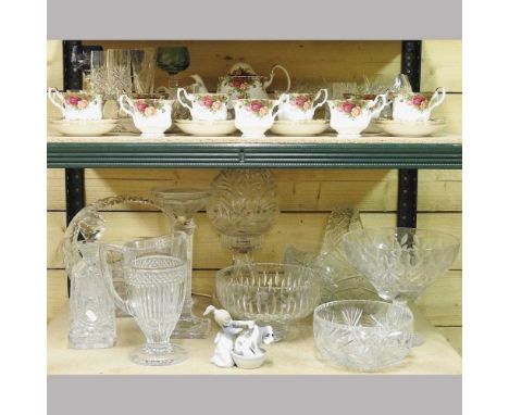 A collection of cut glass to include baskets and a decanter, together with a Royal Albert Old Country Roses part tea service 