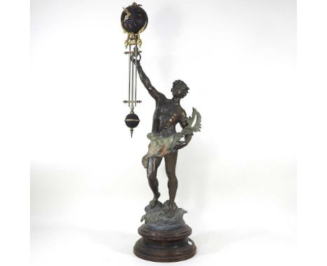 A 19th century spelter mystery clock, in the form a classical figure, holding aloft a ball clock, on a wooden base, signed Lo