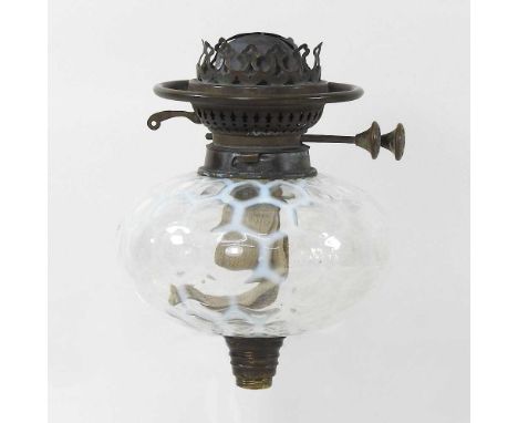 An overlaid glass oil lamp fontOverall looks to be complete. Both cliops are present, but look to have been soldered in the p