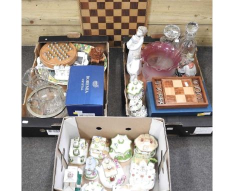 A silver mounted glass decanter and stopper, 23cm high, together with a collection of games, glass and china, to include Llad