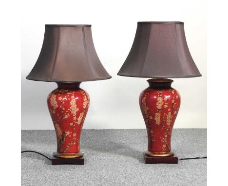 A pair of modern oriental table lamps and shades, decorated with flowers, by Mandarin Arts Ltd, 70cm high (2)Overall conditio