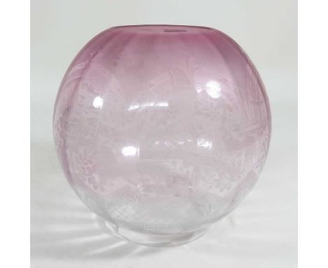 An etched glass oil lamp shade, with a ruby coloured rim, 10cm aperture