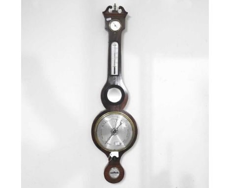 A 19th century mahogany wheel barometer, with ebony and boxwood stringing and a silvered dial, 97cm high