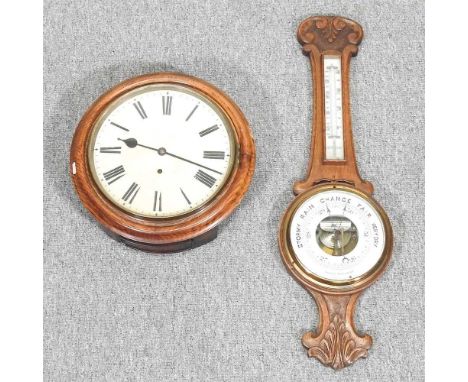 A 19th century dial clock, 39cm diameter, together with an early 20th century aneroid barometer (2)
