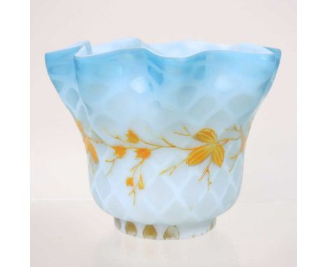 An opaque satin glass oil lamp shade, painted with foliage, below a frilled rim, 5cm aperture