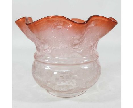 An etched glass oil lamp shade, with a ruby coloured frilled rim, 10cm apertureDirty with light surface marks, but no visible