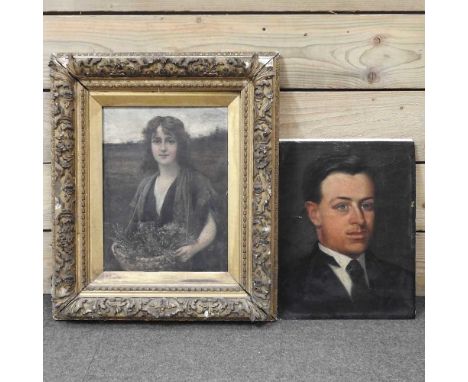 Continental school, 19th century, portrait of a lady, oil on canvas, 35 x 26cm, together with English school, early 20th cent