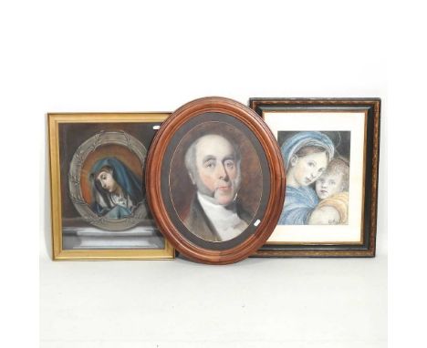 English school, early 20th century, portrait of a gentleman, pastel, 42 x 32cm oval, together with two religious portraits, p