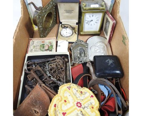 A collection of items, to include a pocket watch, carriage clock and antique keys